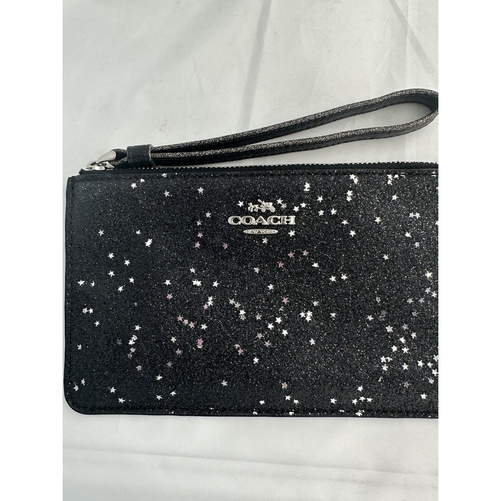 Coach Black Silver Star Glitter Wristlet Wallet Women Zipper Closure Logo Accent